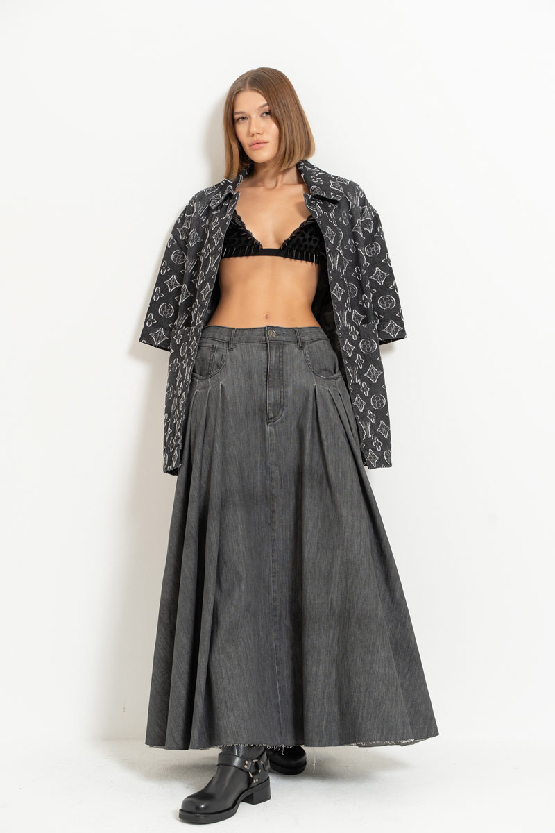 Antrasit Pleated Denim Maxi Skirt