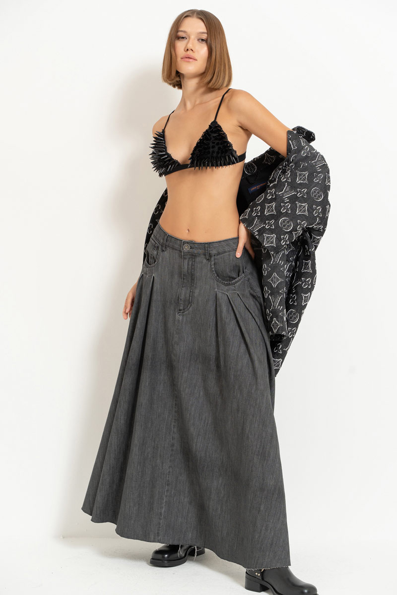 Antrasit Pleated Denim Maxi Skirt