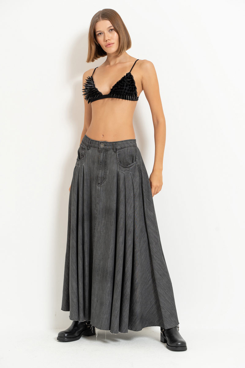 Antrasit Pleated Denim Maxi Skirt