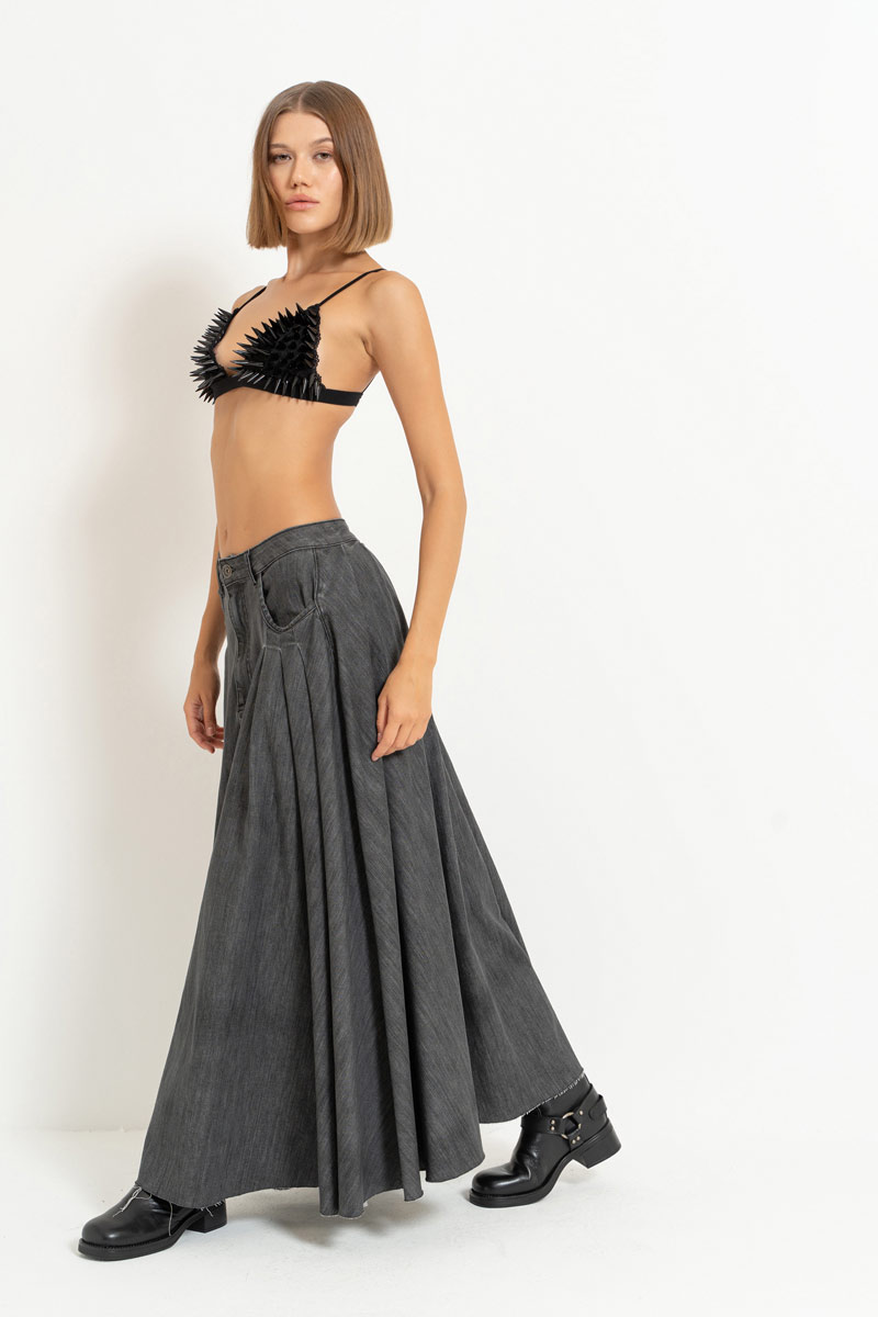 Antrasit Pleated Denim Maxi Skirt