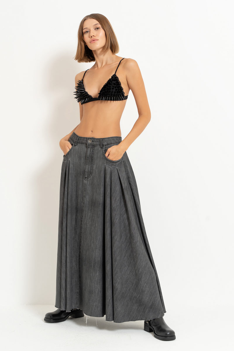 Antrasit Pleated Denim Maxi Skirt