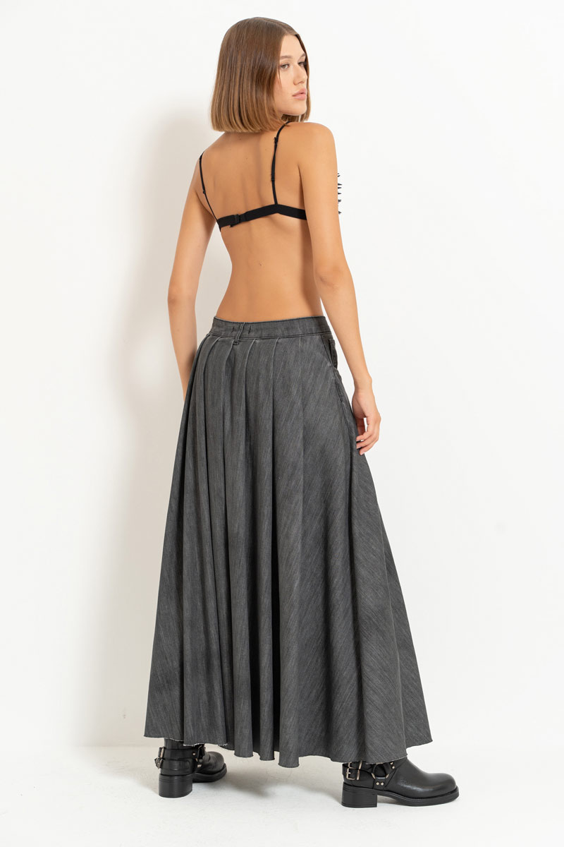 Antrasit Pleated Denim Maxi Skirt