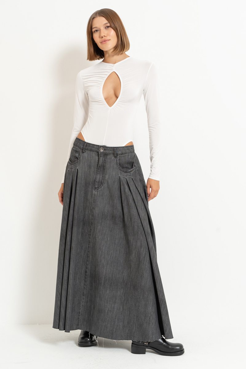 Antrasit Pleated Denim Maxi Skirt