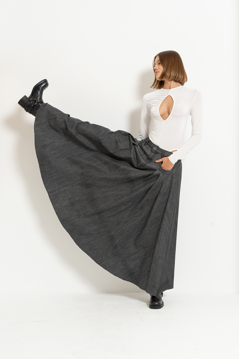 Antrasit Pleated Denim Maxi Skirt