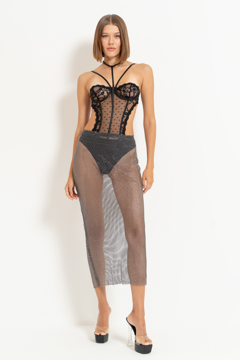 Black-Silver Embellished Net Skirt with Lining