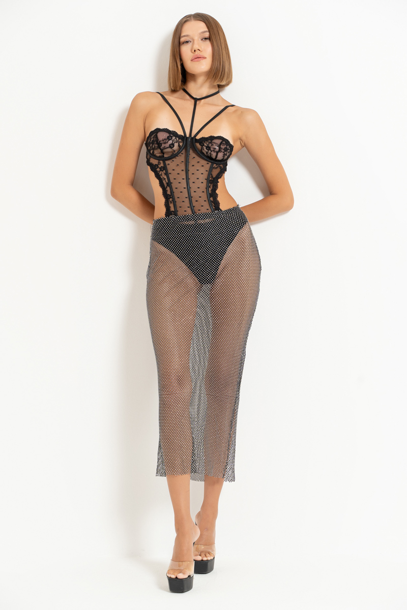 Black-Silver Embellished Net Skirt with Lining