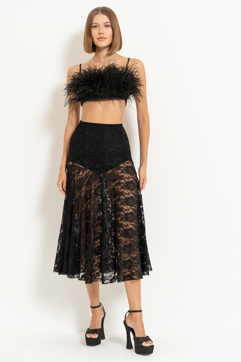 Black Elastic-Waist Lace Midi Skirt