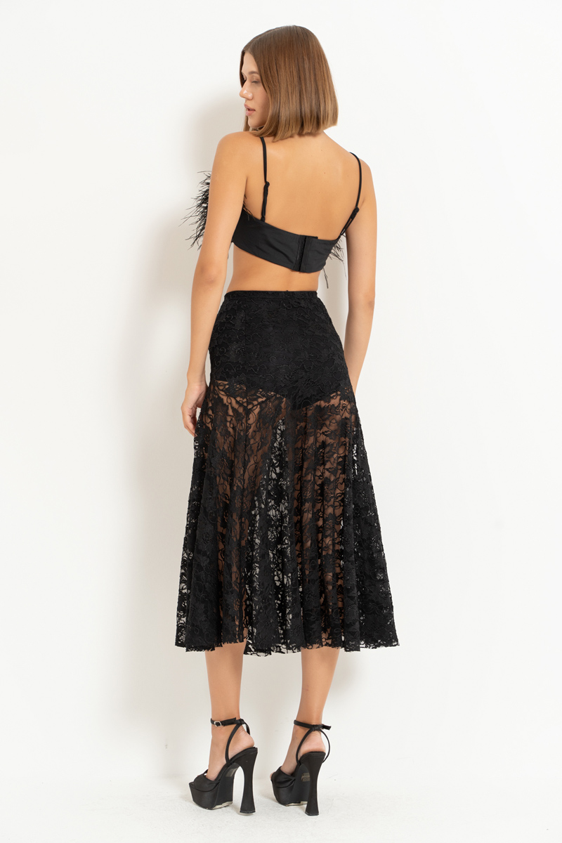 Black Elastic-Waist Lace Midi Skirt