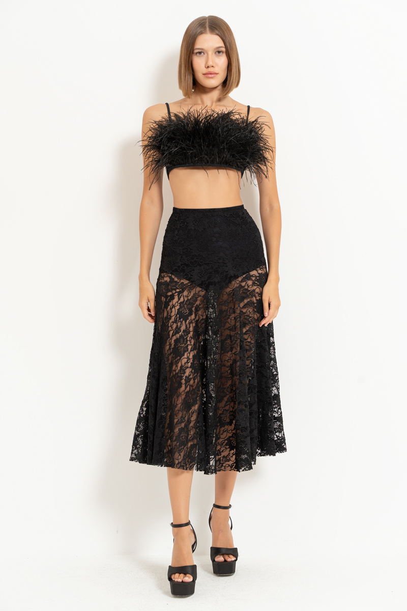 Black Elastic-Waist Lace Midi Skirt