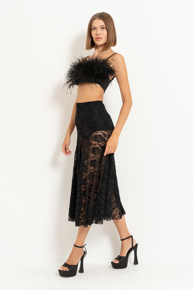 Black Elastic-Waist Lace Midi Skirt