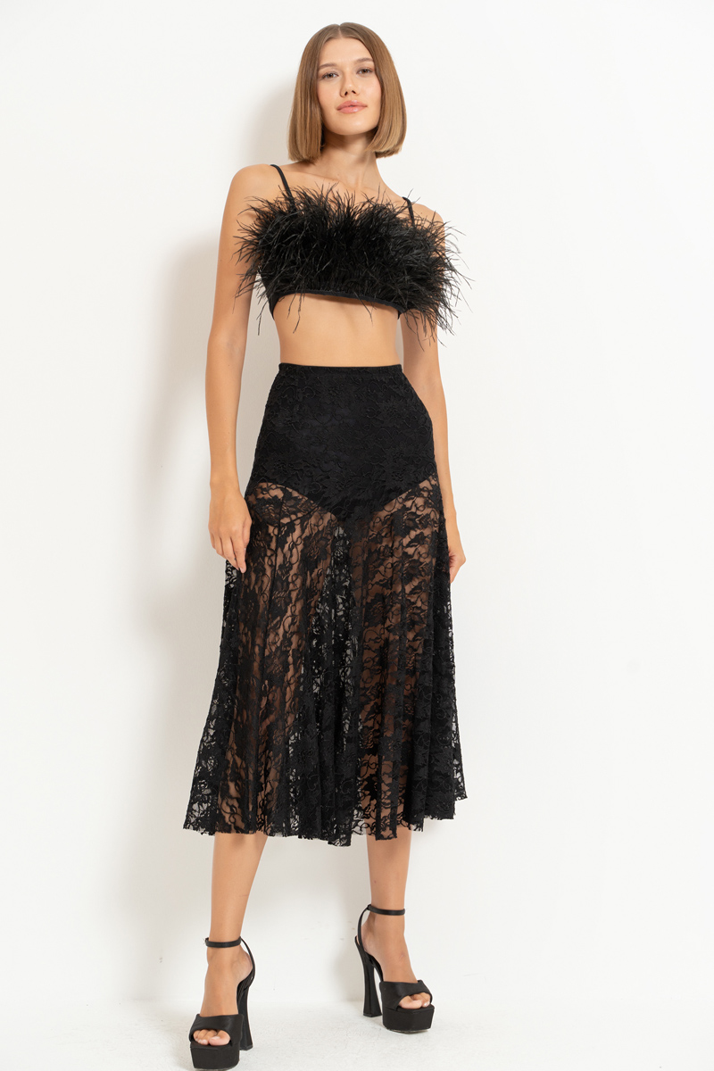 Black Elastic-Waist Lace Midi Skirt