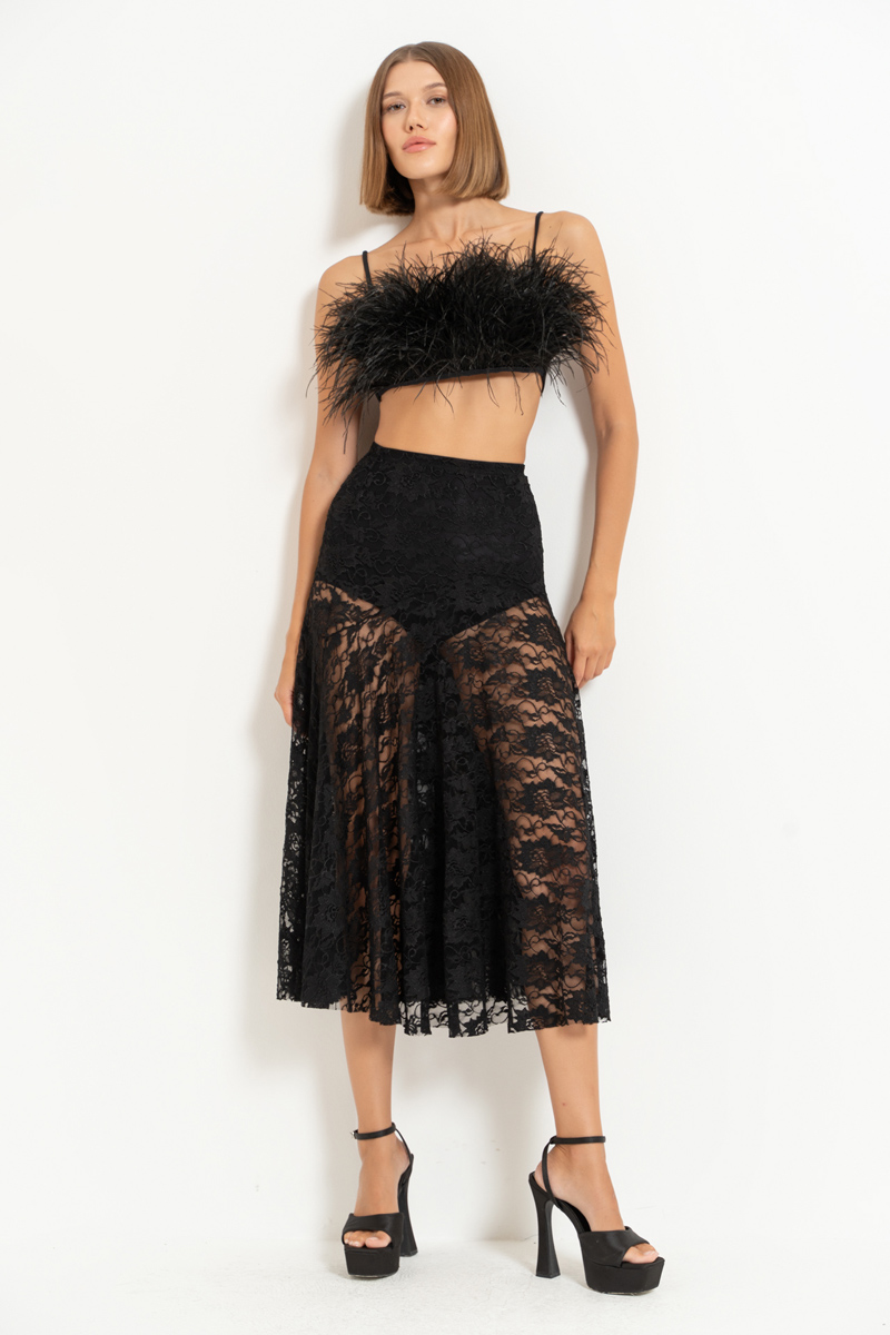 Black Elastic-Waist Lace Midi Skirt