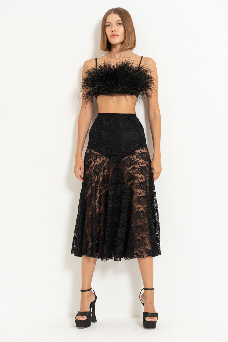 Black Elastic-Waist Lace Midi Skirt