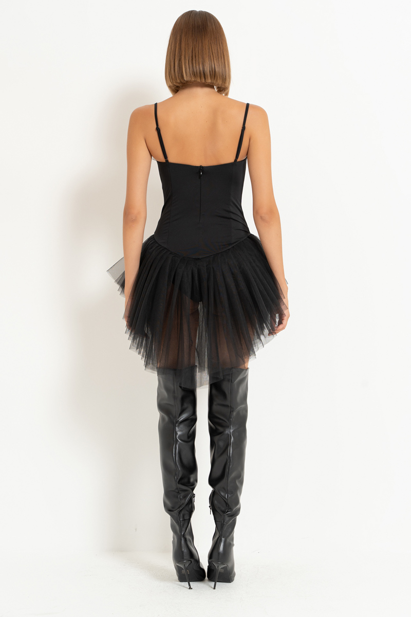 Black Mesh-Trim Dress with Bodysuit