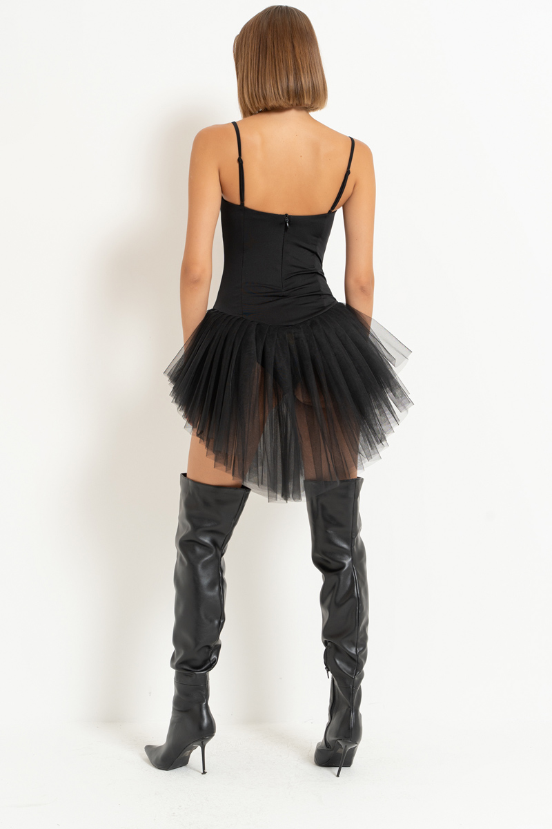 Wholesale Black Mesh-Trim Dress with Bodysuit