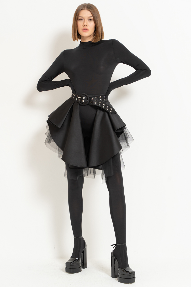 Black Mesh-Layered Peplum