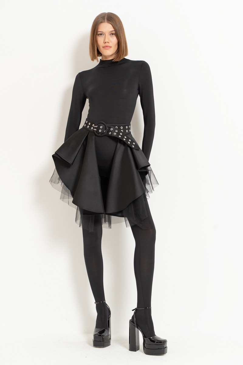 Black Mesh-Layered Peplum