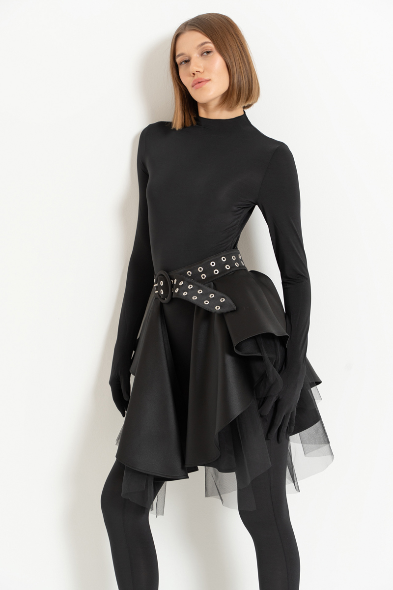 Black Mesh-Layered Peplum