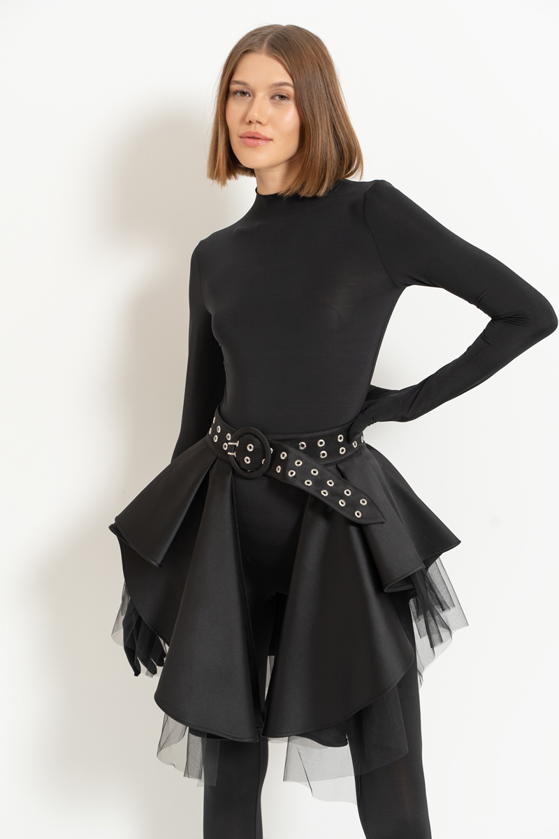 Black Mesh-Layered Peplum