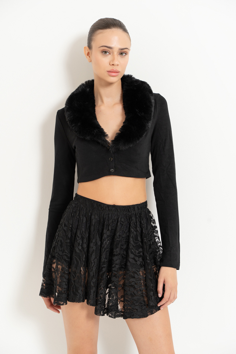 черный Faux Fur Trim Cropped Cardigan