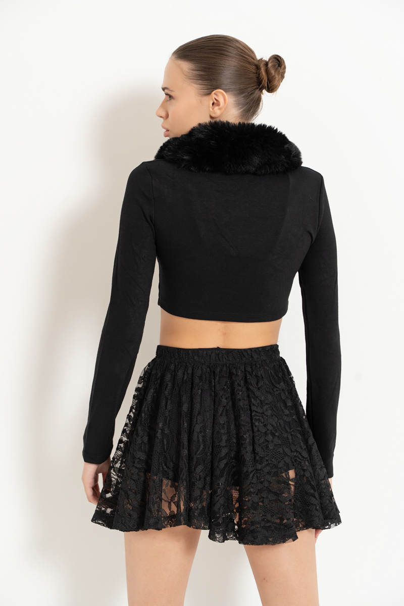 Black Faux Fur Trim Cropped Cardigan