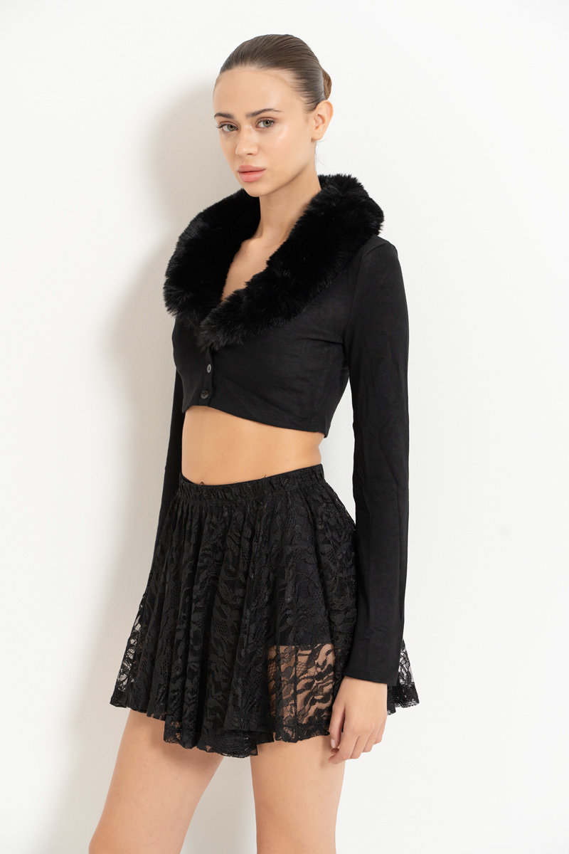 Black Faux Fur Trim Cropped Cardigan