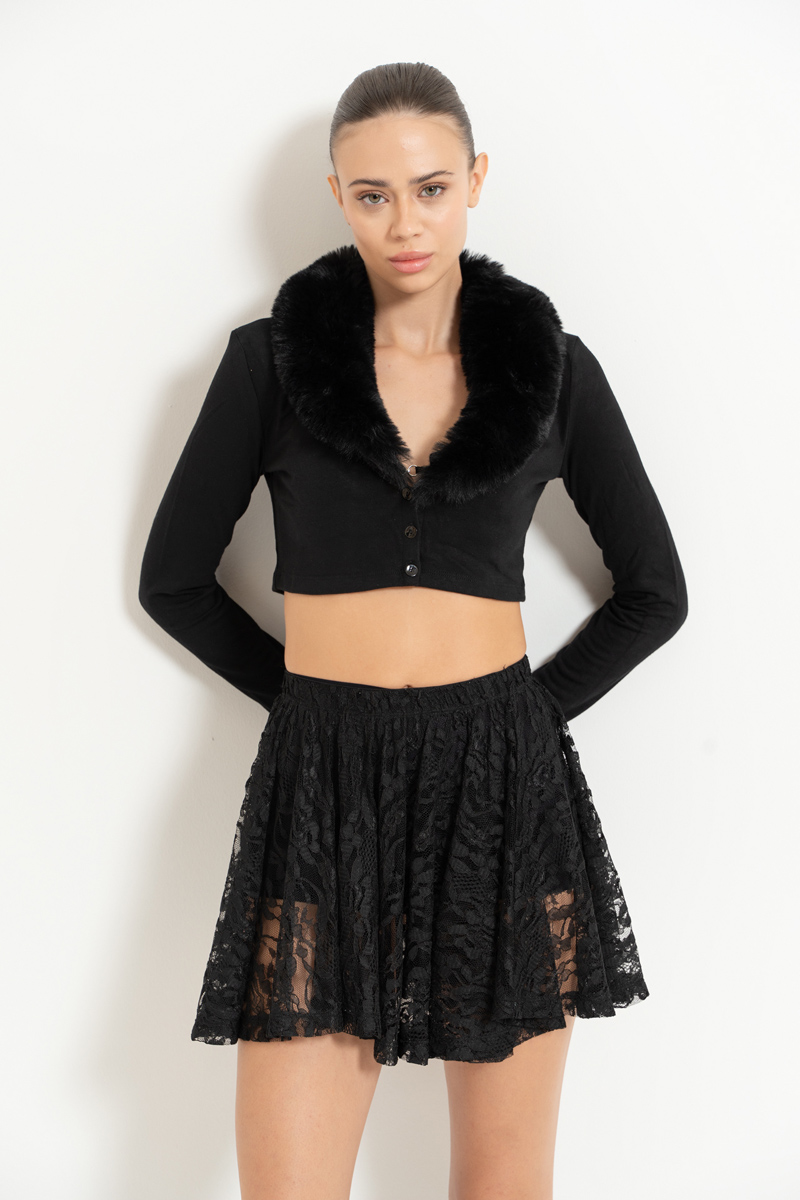 черный Faux Fur Trim Cropped Cardigan