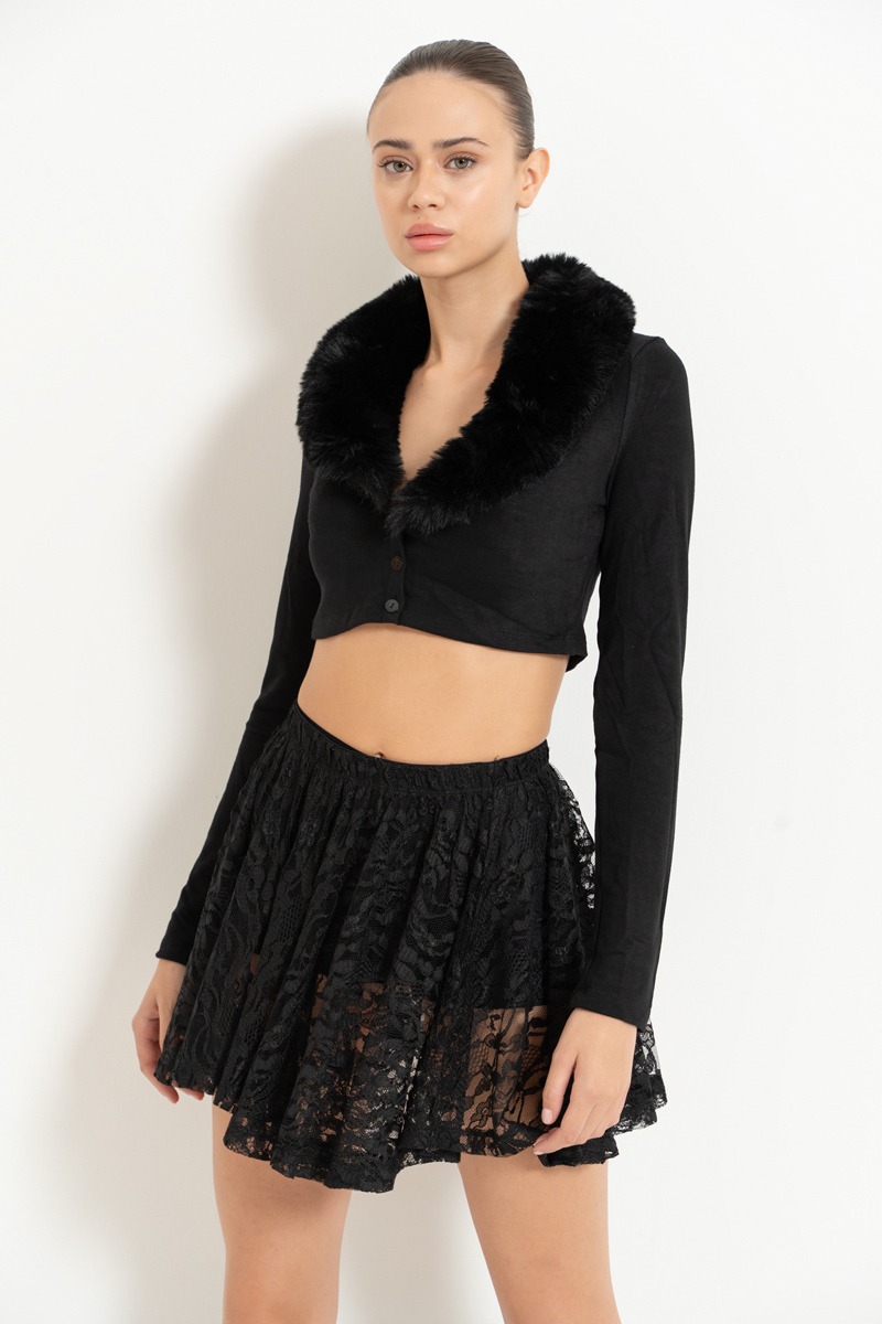 Black Faux Fur Trim Cropped Cardigan