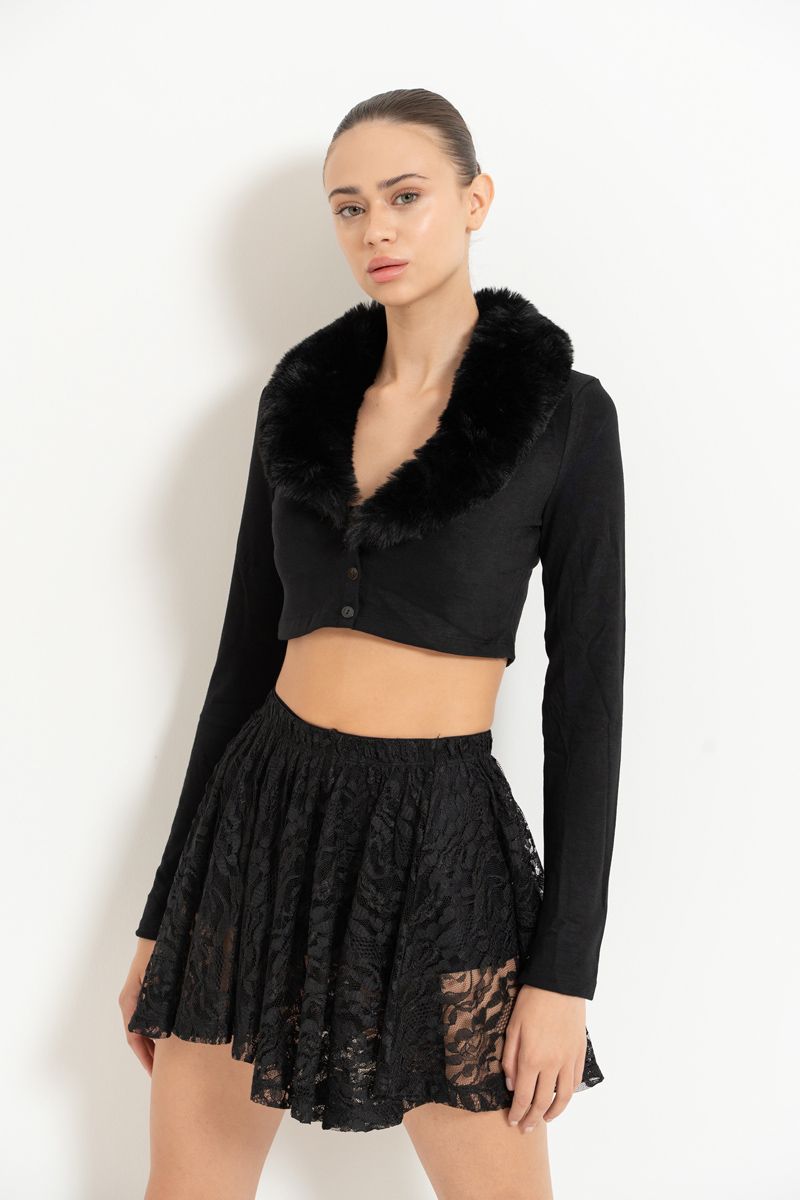 черный Faux Fur Trim Cropped Cardigan