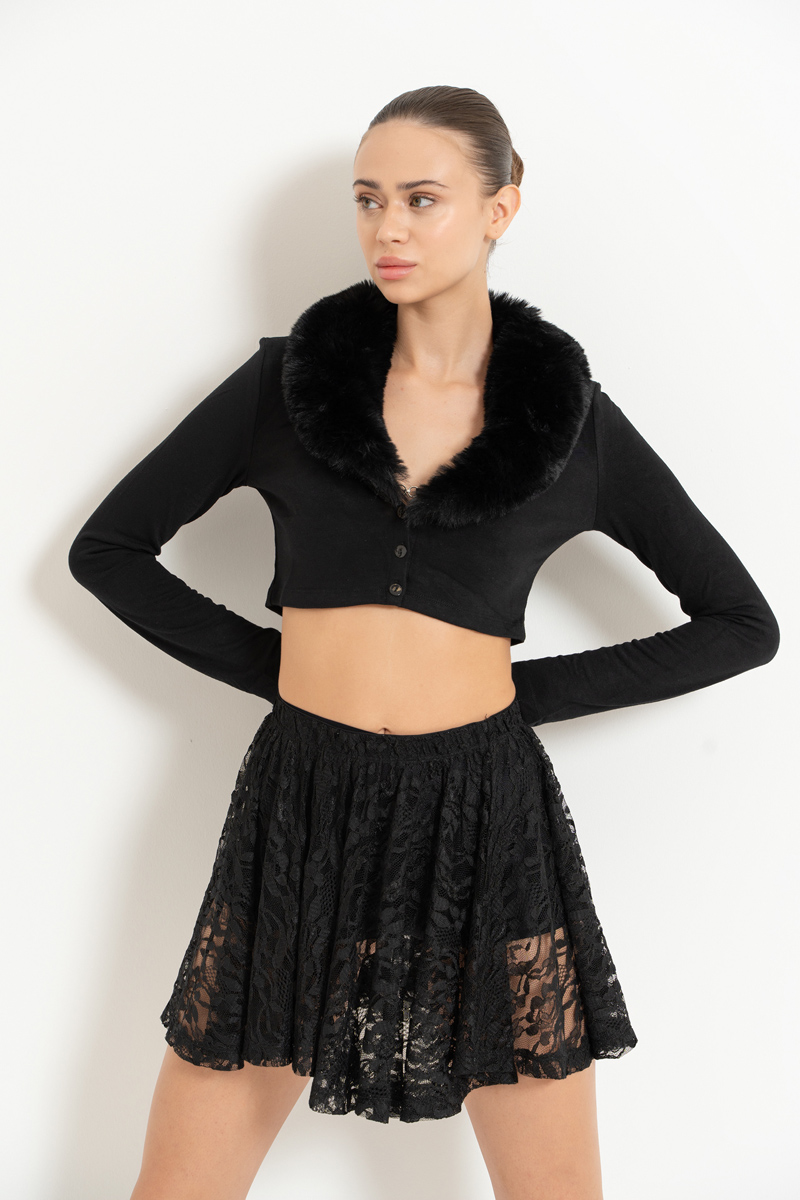 черный Faux Fur Trim Cropped Cardigan