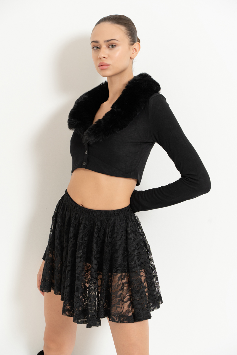 черный Faux Fur Trim Cropped Cardigan