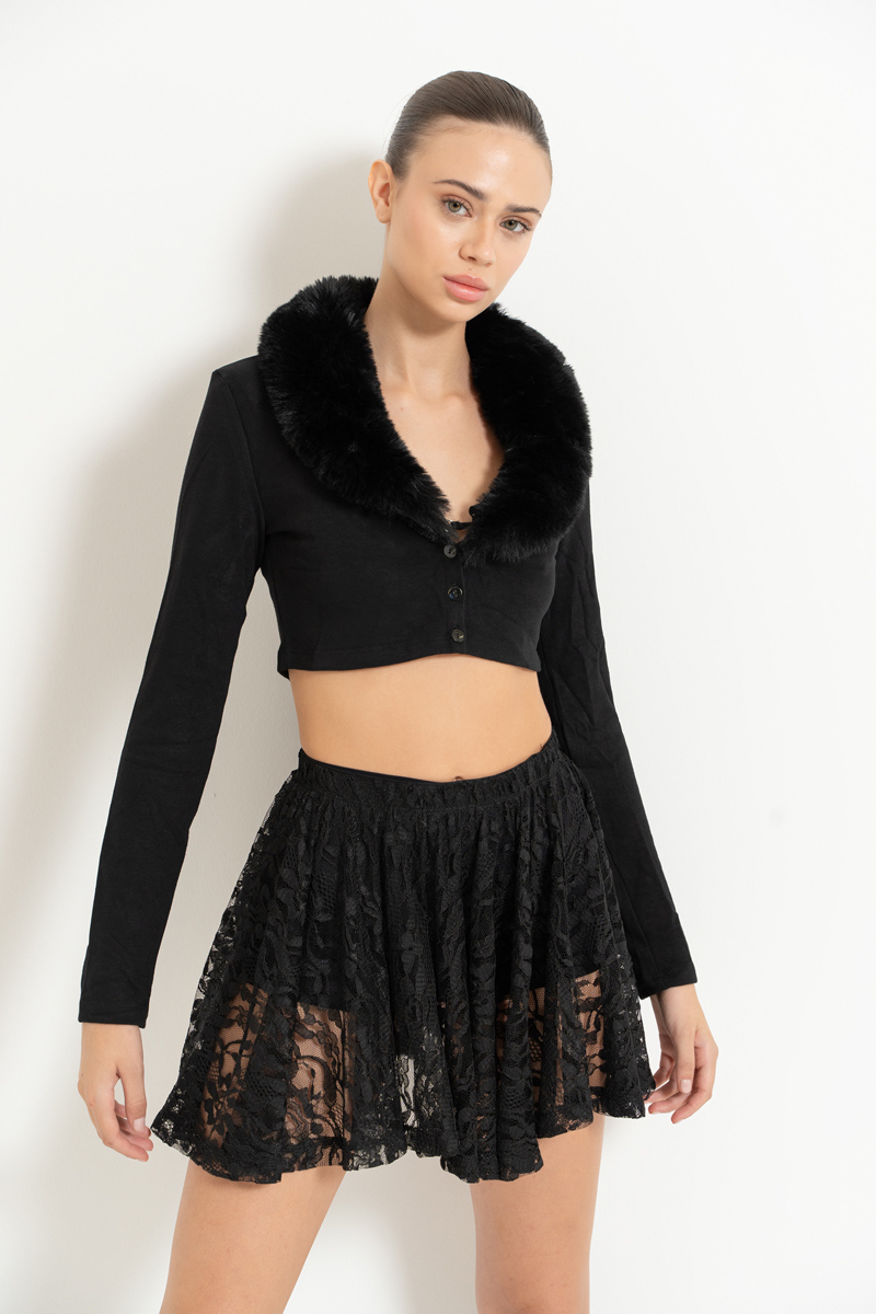 черный Faux Fur Trim Cropped Cardigan