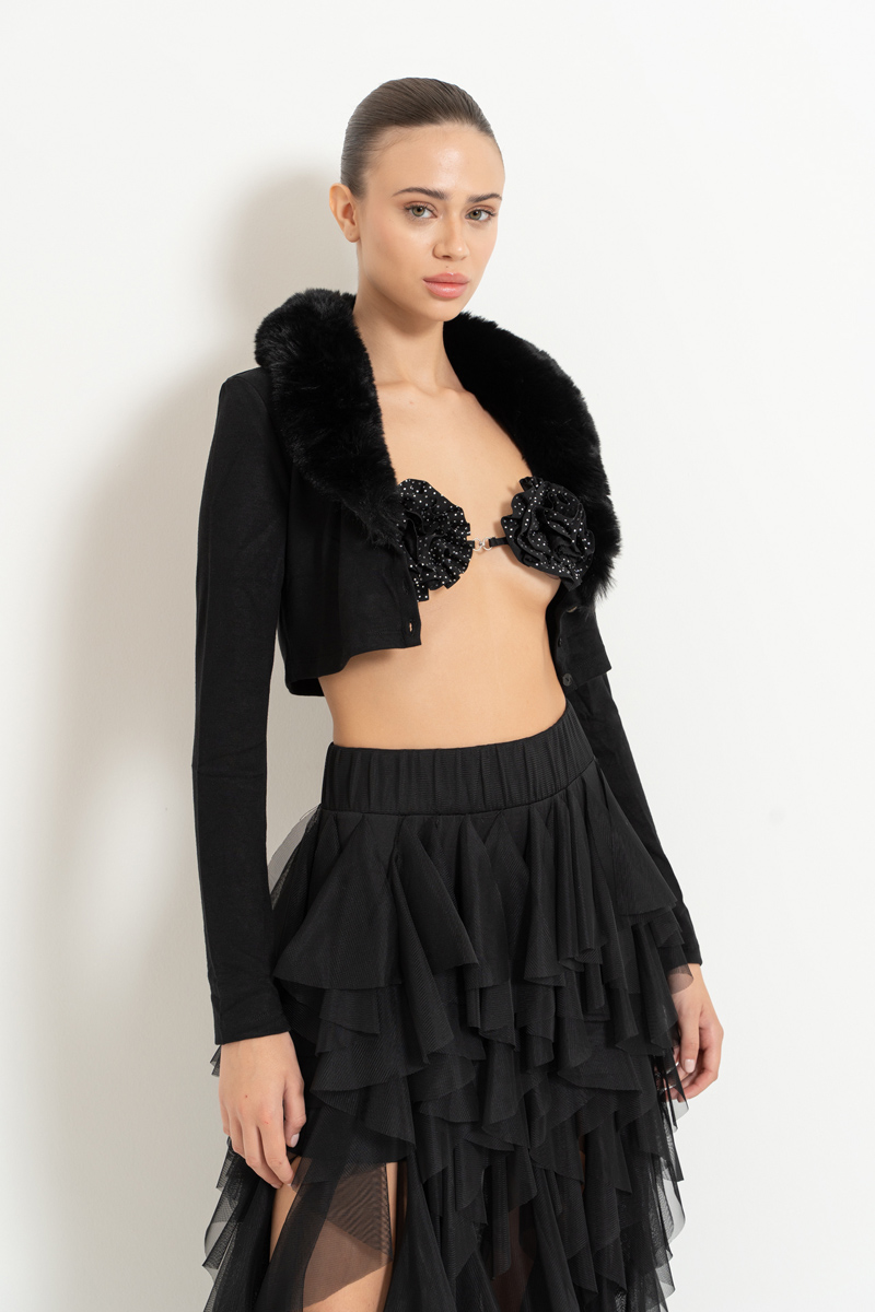 Black Faux Fur Trim Cropped Cardigan