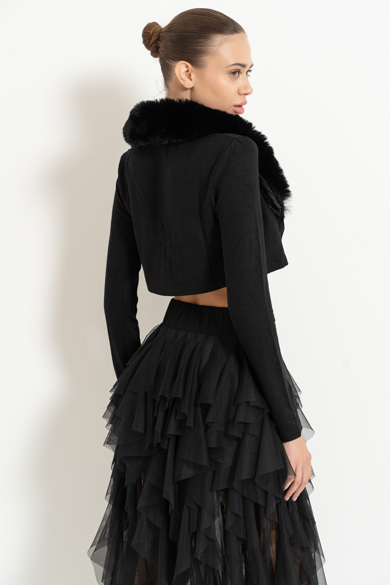 Black Faux Fur Trim Cropped Cardigan