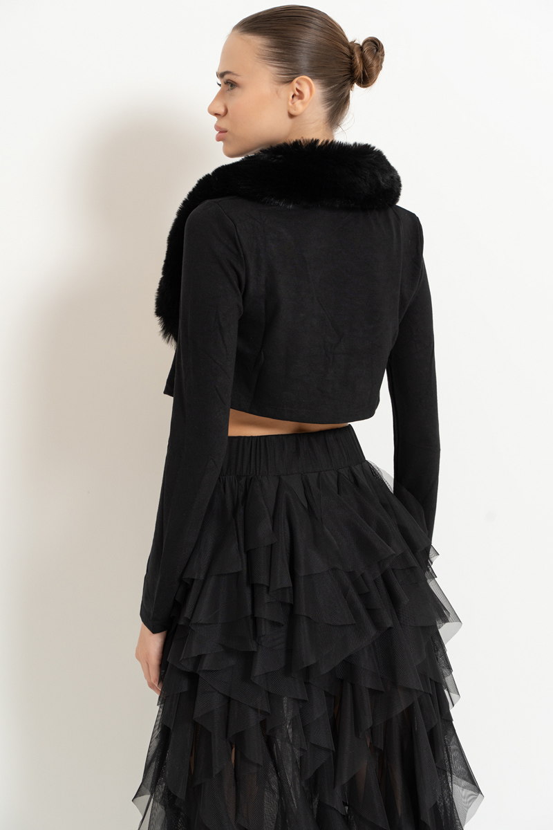 Black Faux Fur Trim Cropped Cardigan