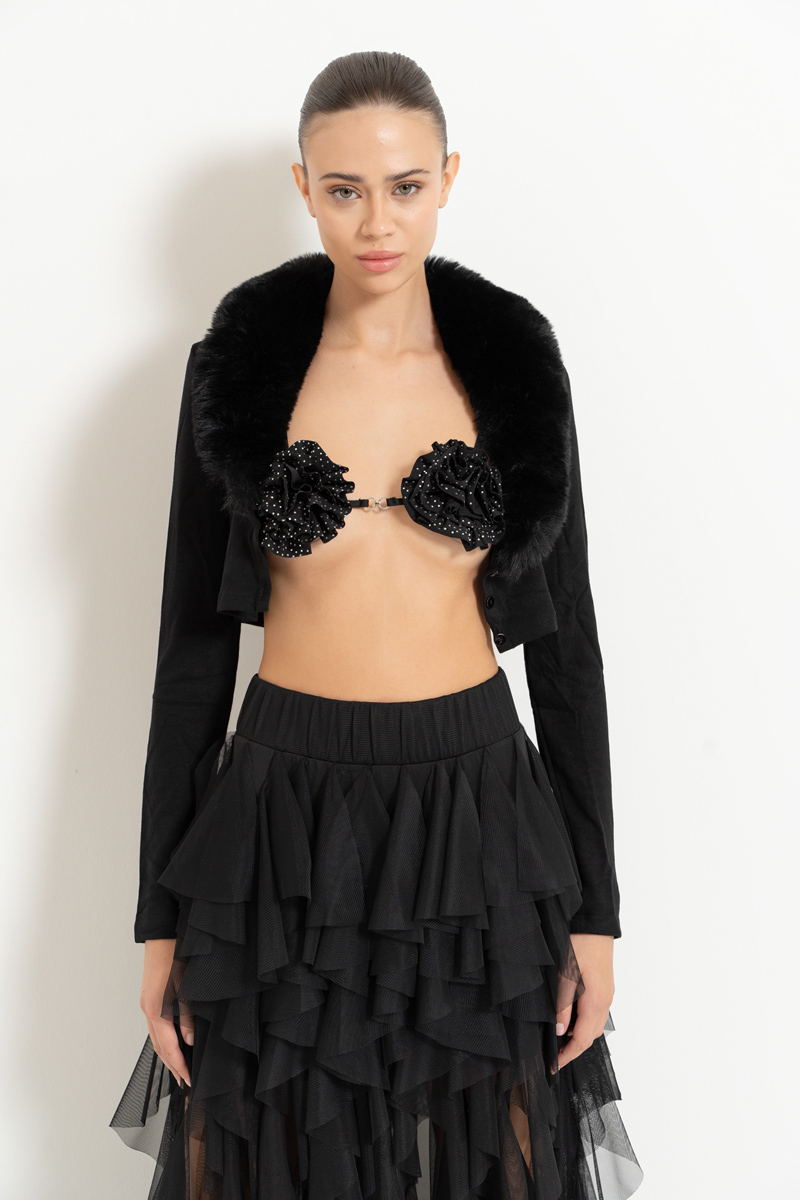 Black Faux Fur Trim Cropped Cardigan