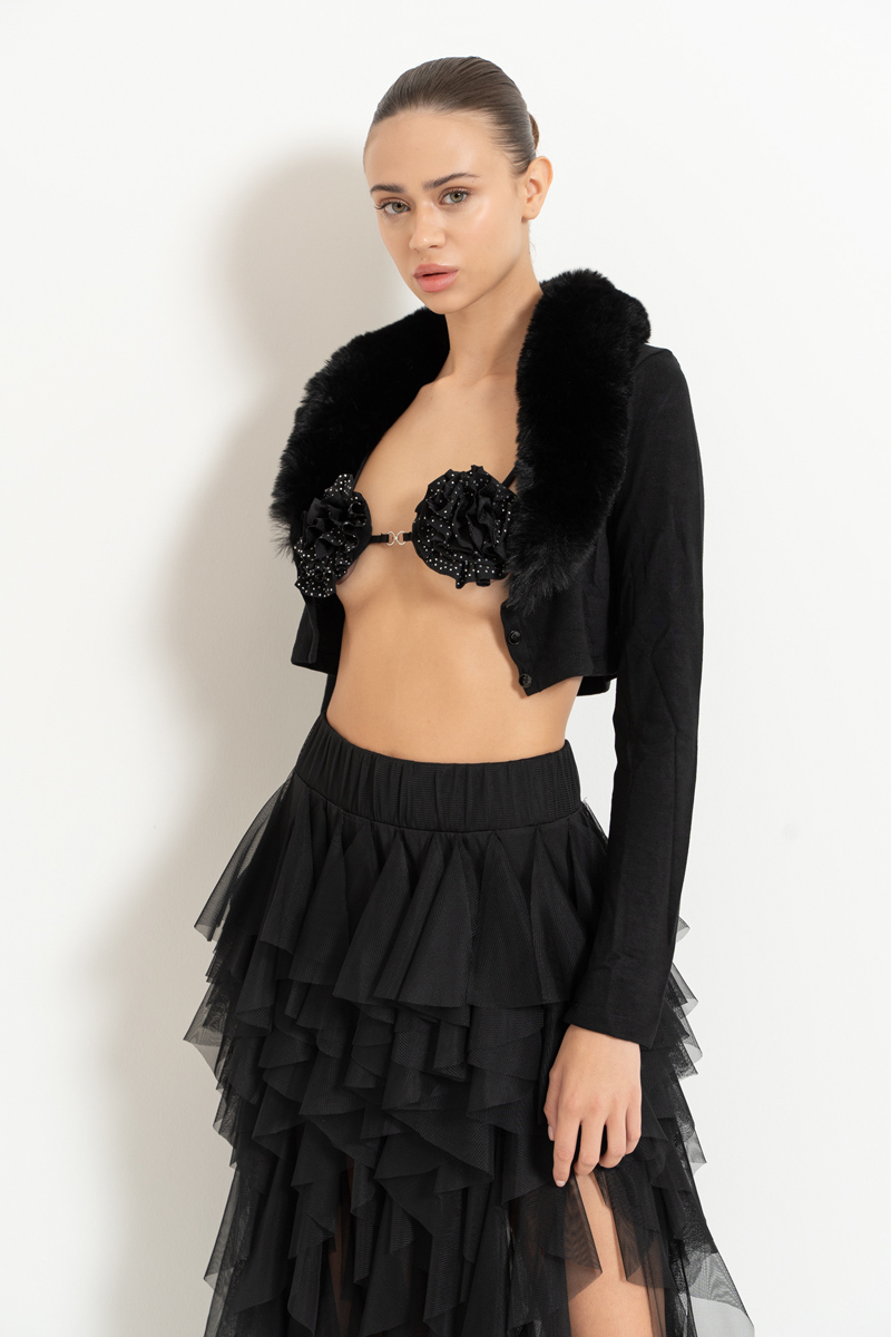 Black Faux Fur Trim Cropped Cardigan