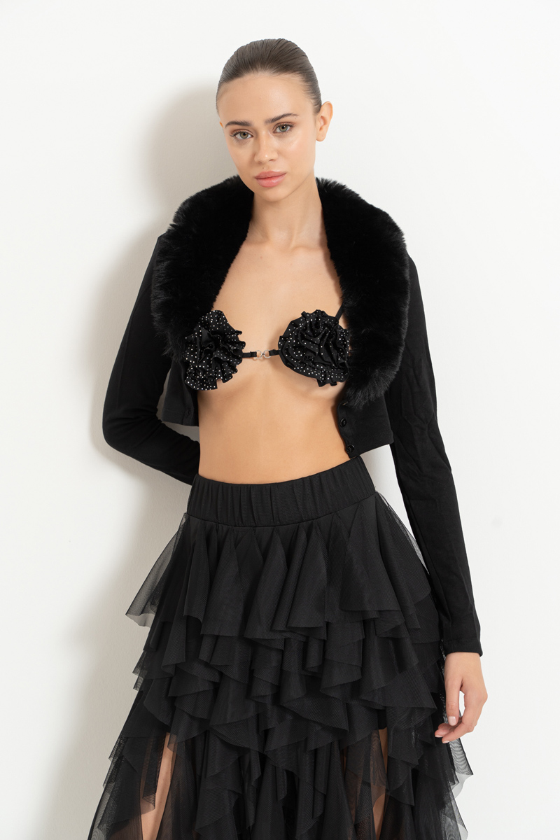 Black Faux Fur Trim Cropped Cardigan