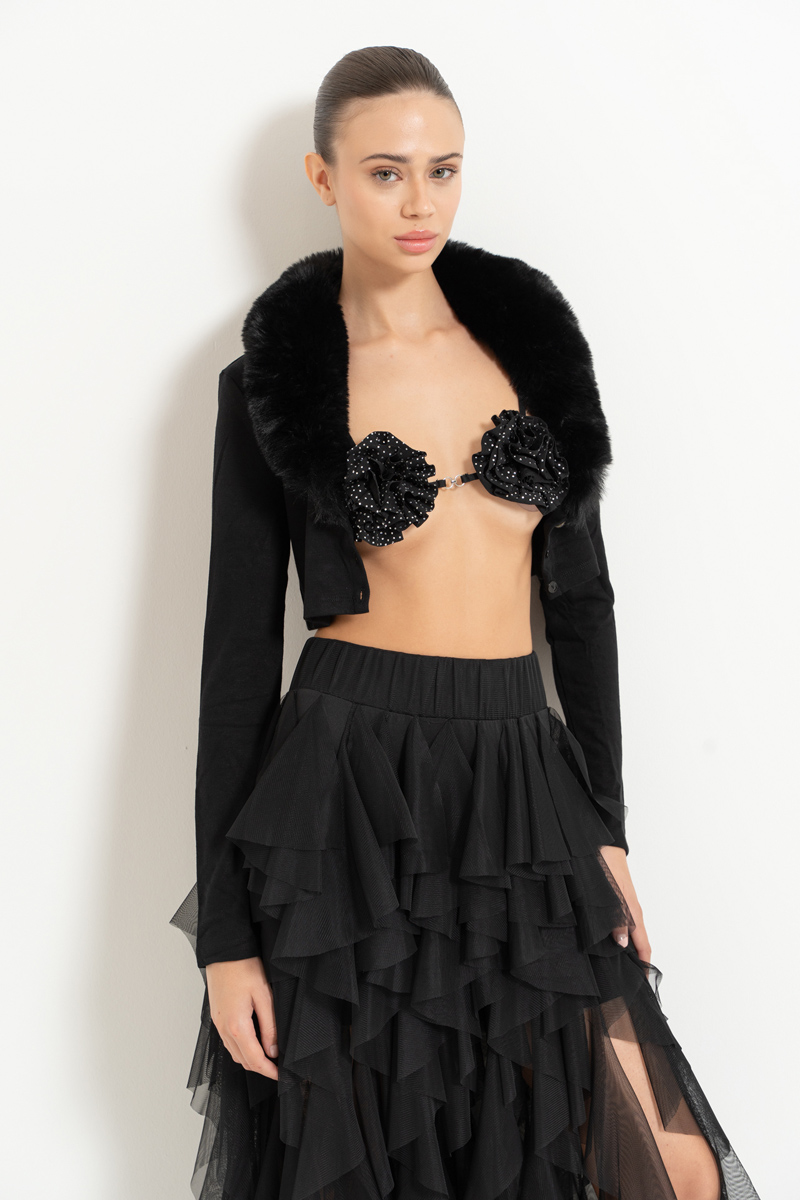 Black Faux Fur Trim Cropped Cardigan