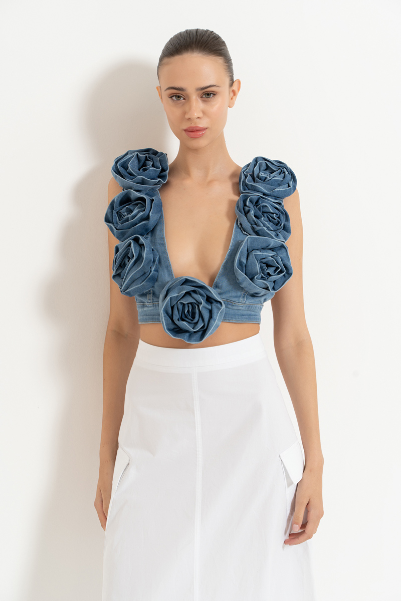 Wholesale Blue Rose-Accent Denim Top