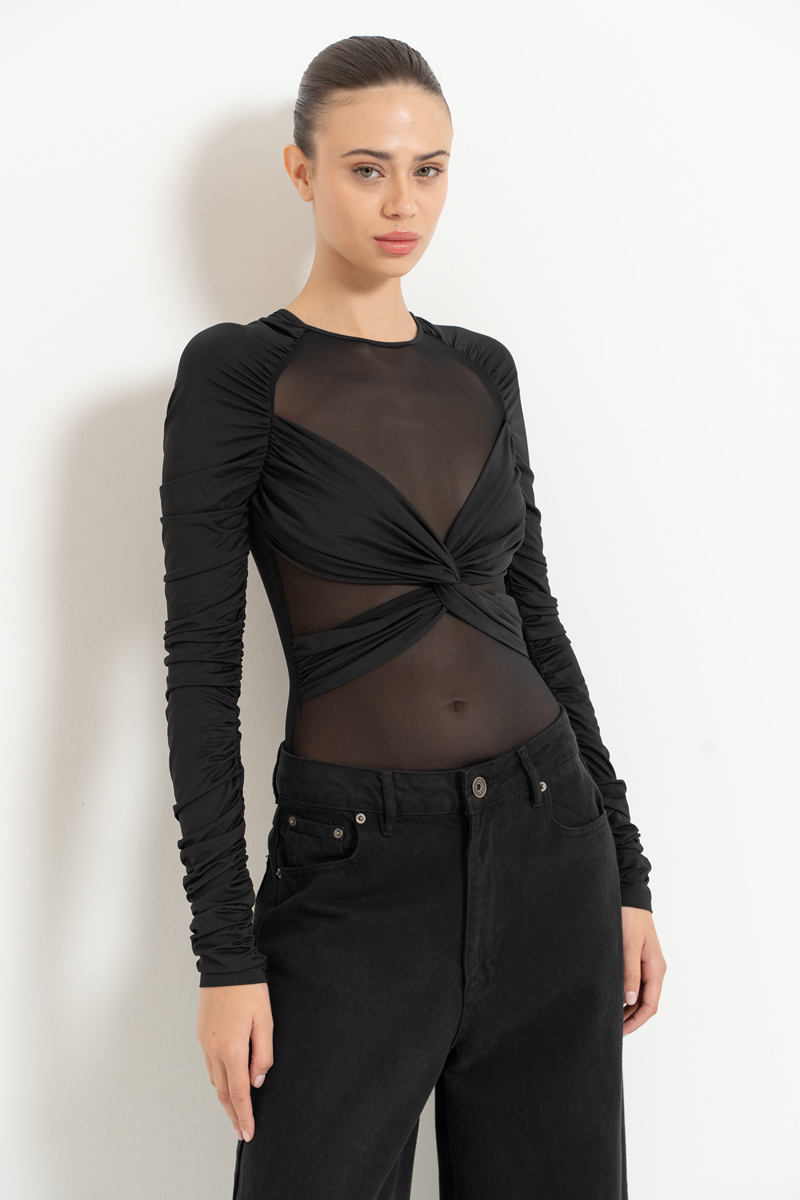 Wholesale Black Ruched-Detail Mesh Bodysuit