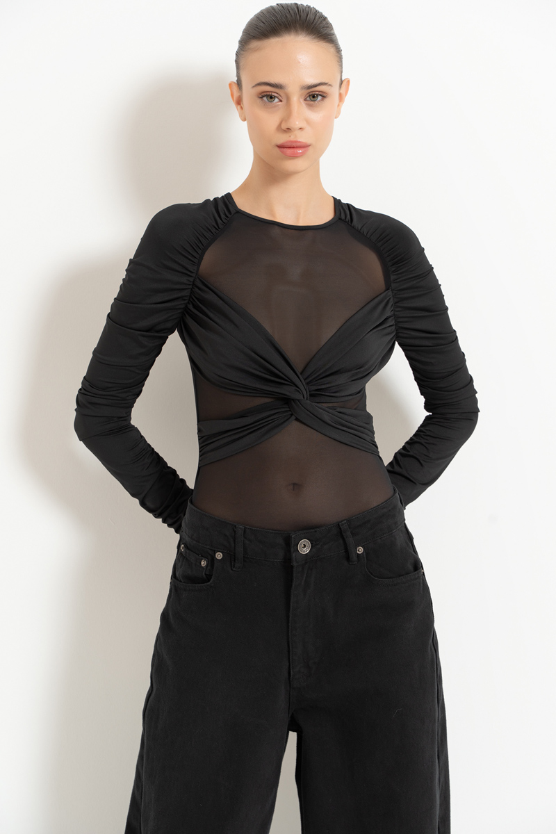 Wholesale Black Ruched-Detail Mesh Bodysuit