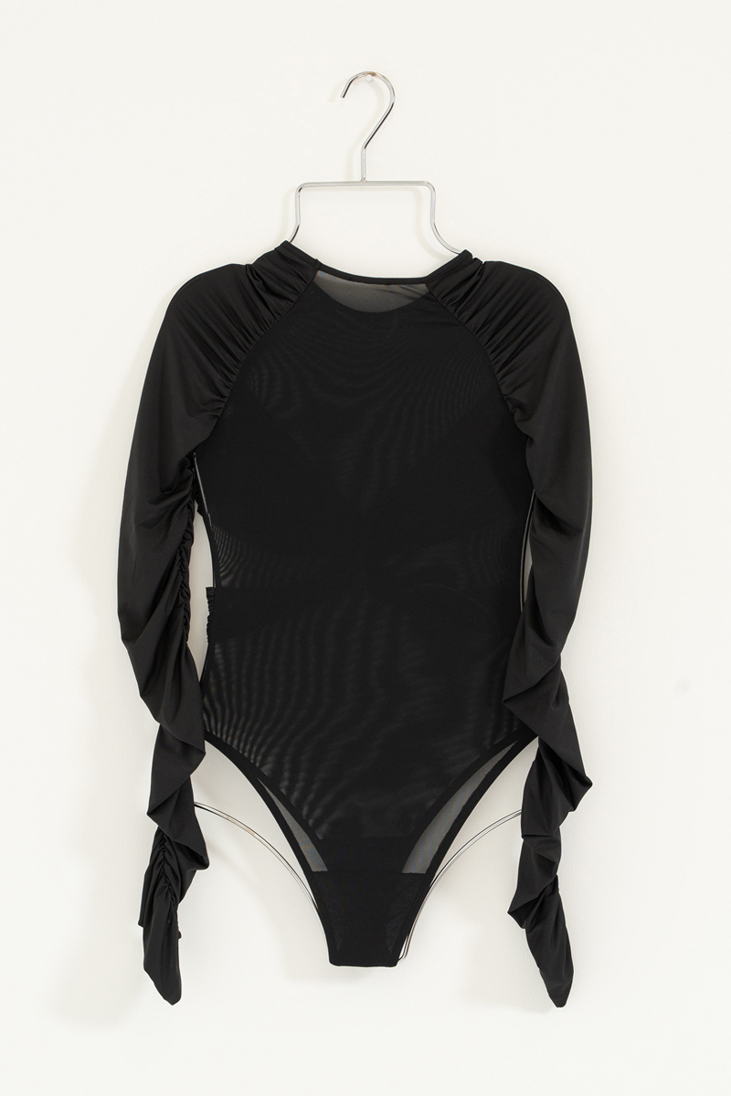 Black Ruched-Detail Mesh Bodysuit