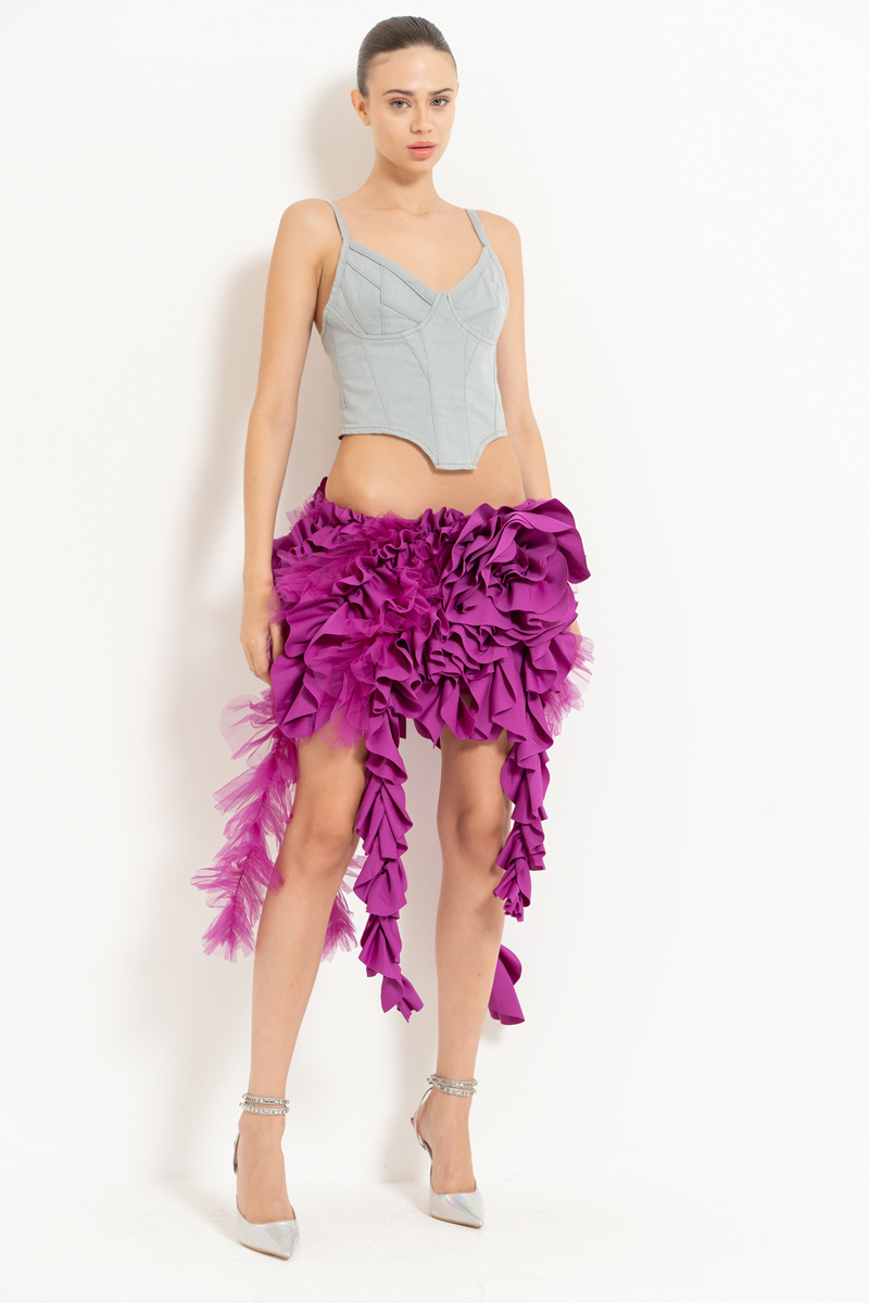 Magenta Rose-Accent Ruffle Skirt
