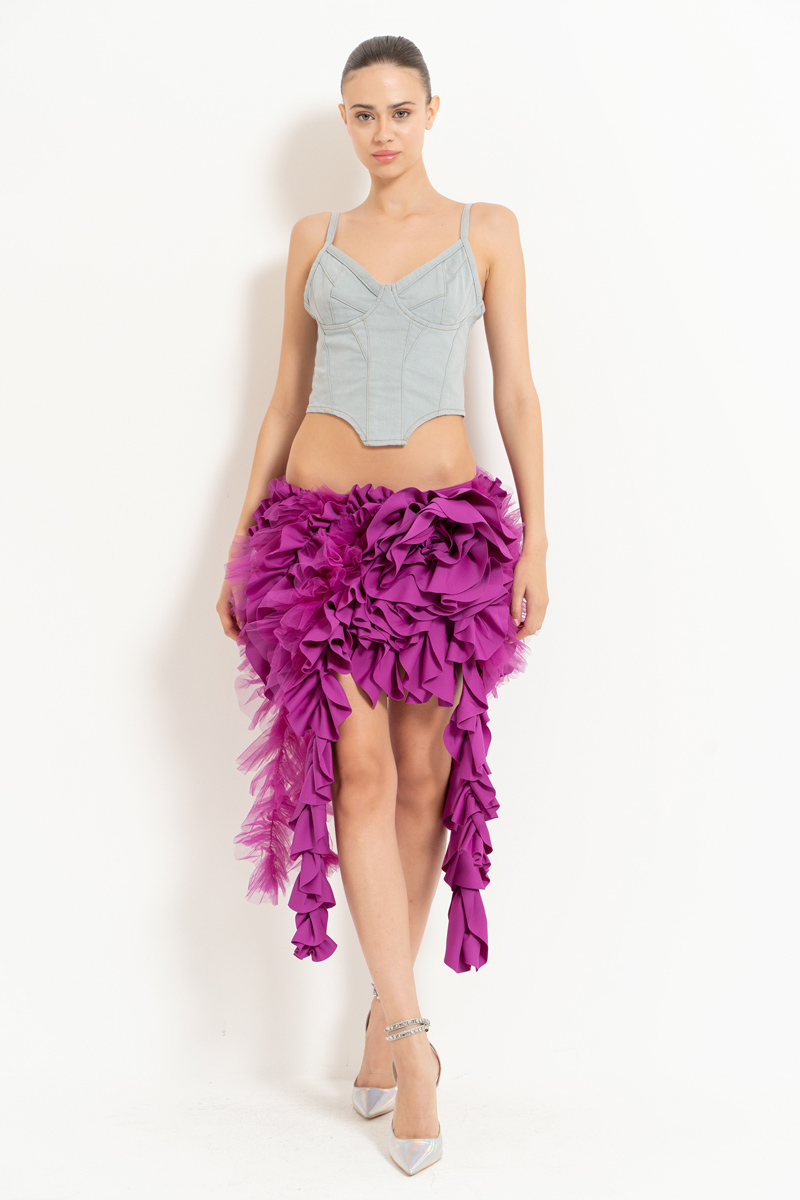 Magenta Rose-Accent Ruffle Skirt