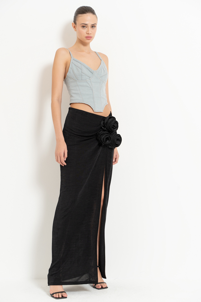 Wholesale Black Rose-Accent Split-Leg Skirt
