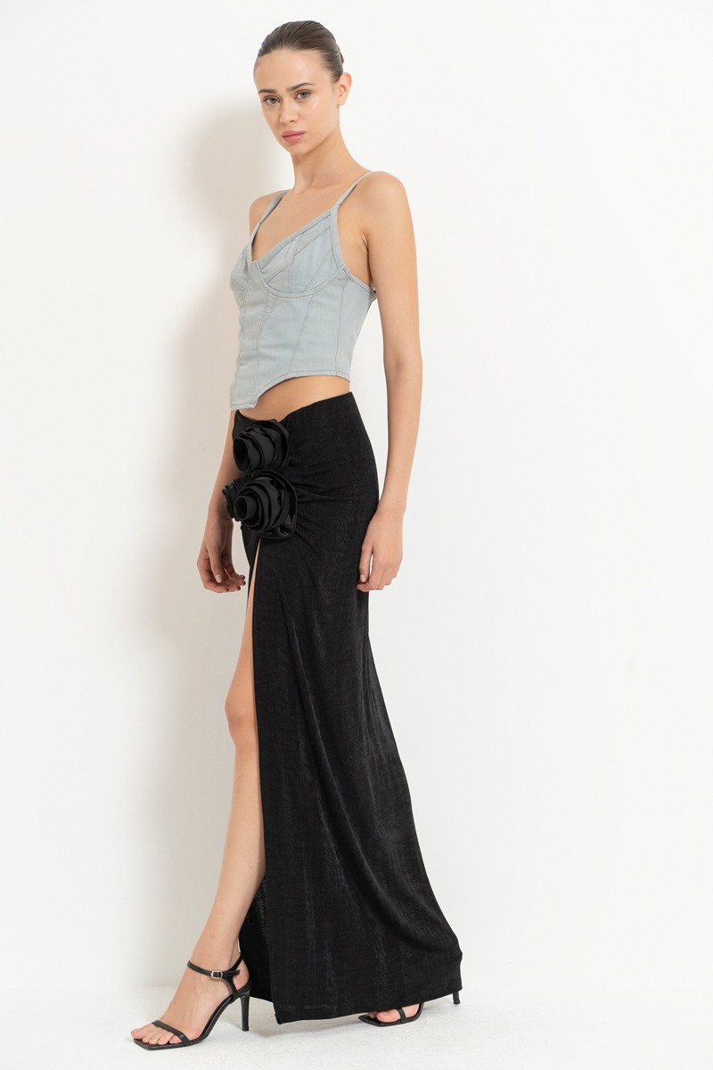 Wholesale Black Rose-Accent Split-Leg Skirt