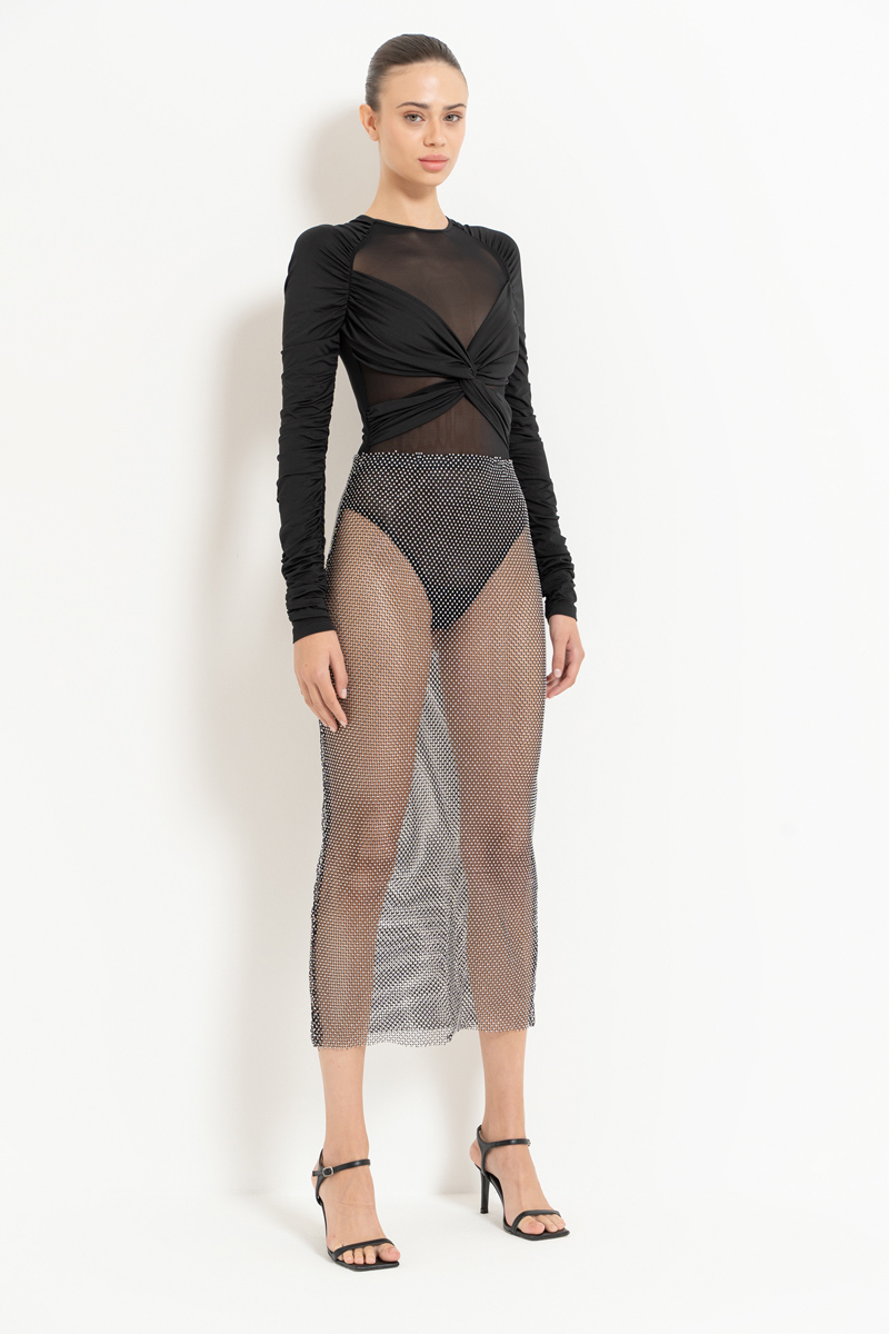 Black-Silver Embellished Net Skirt with Lining