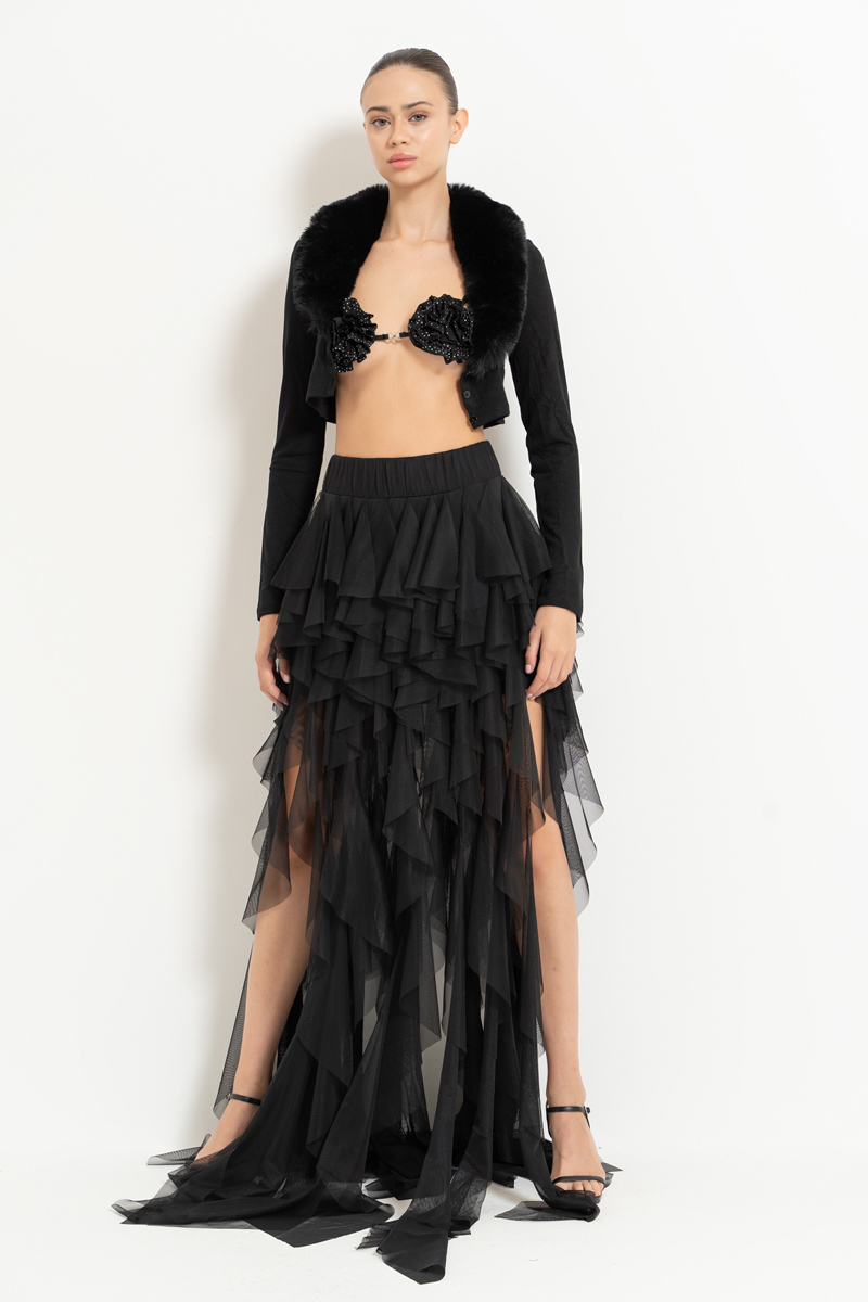 Wholesale Black Tiered-Ruffle Mesh Skirt
