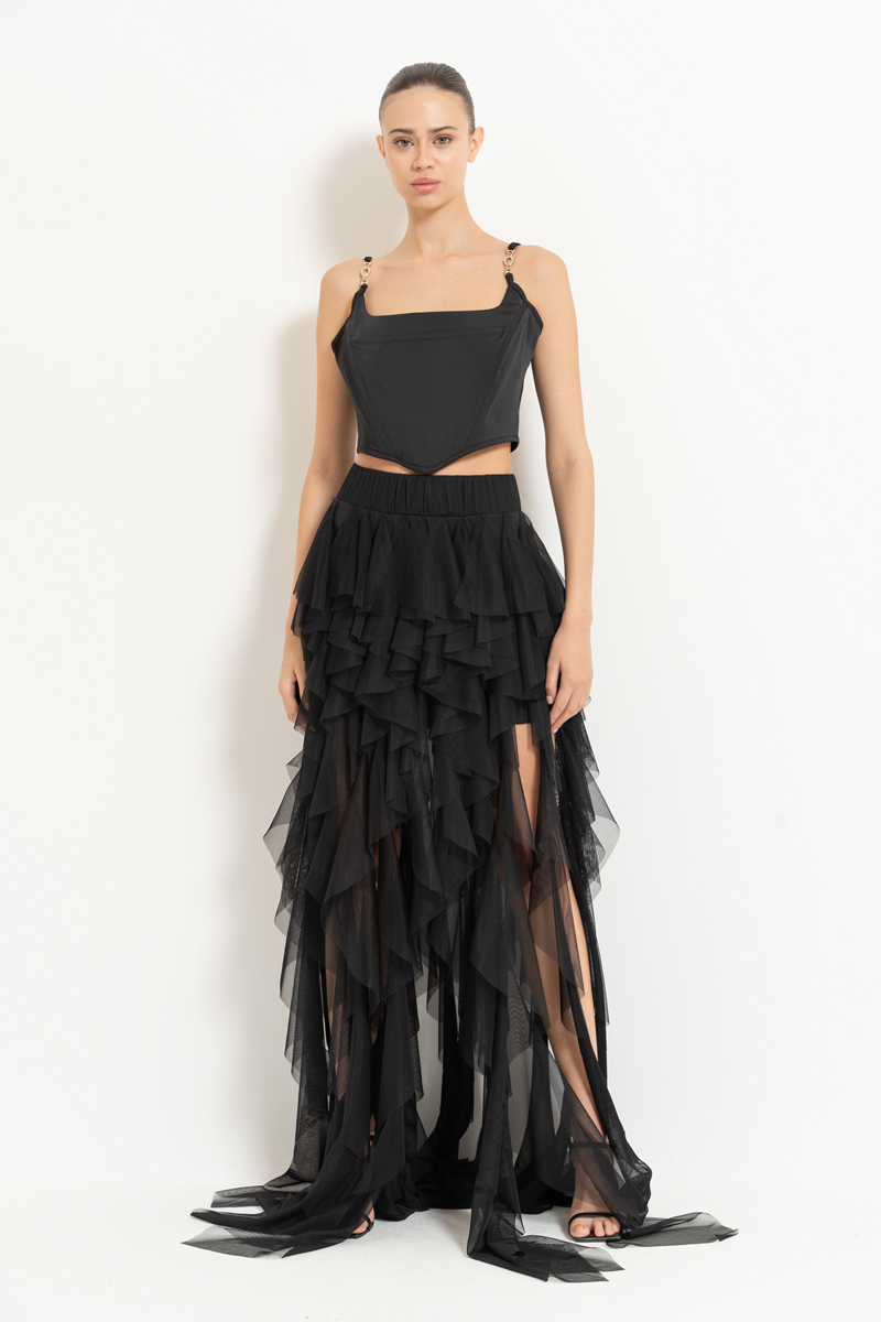 Black Tiered-Ruffle Mesh Skirt